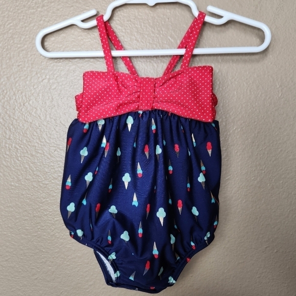 Cat & Jack Baby Girls One Piece Navy Ice Cream Cone/Bow Swimsuit-Size 6-9 Months - Picture 1 of 6